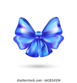 Decorative blue bow ribbon. Vector bow for page, gift card, box decor isolated on white. Realistic Shiny blue satin ribbon. Hair bow 3D