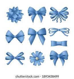 Decorative blue bow with ribbons. Gift box wrapping and holiday decoration