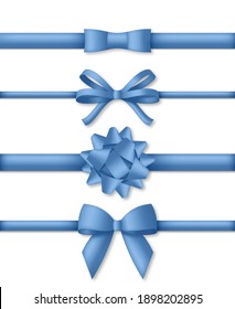 Decorative blue bow with ribbons. Gift box wrapping and holiday decoration