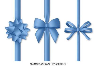 Decorative blue bow with ribbons. Gift box wrapping and holiday decoration