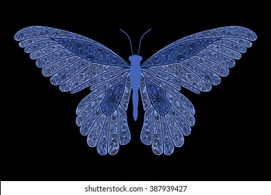 Decorative blue butterfly, isolated on black background. Vector illustration.