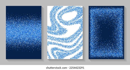 Decorative blue confetti dust scatter pattern. Triangle square circle star granules flying. Banner template. Glowing grit particles dot confetti. Holiday decoration stardust splash