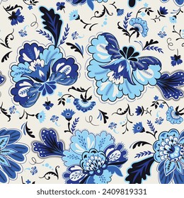Decorative blue fantasy flowers on a white background inspired by Indian paisley culture. A floral seamless pattern in an oriental style. style.