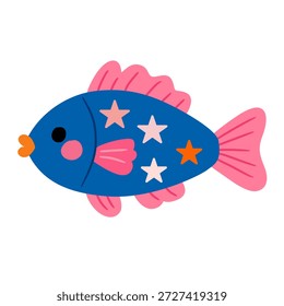 Pescado azul decorativo en ilustración plana para el tema del océano de fantasía. Ideal para ilustraciones para niños, libros de cuentos, pegatinas y diseños creativos.