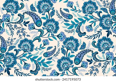 Decorative blue flowers and branches on a beige background. Inspired Indian paisley culture. Floral mehndi seamless pattern in oriental style. Jacobean tropical creeper