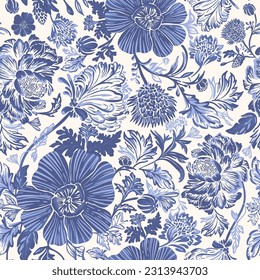 Decorative blue flowers. Seamless pattern. Ethnic pattern. Oriental drawing.