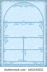Marco azul decorativo en forma de copo de nieve de invierno. Ventana de arco de época, para el diseño de portada de cartón y libro. A4, tamaño A3.