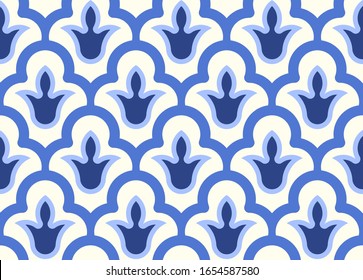 Diseño geométrico y armonioso de color azul.  Tradicional fondo marroquí floral. Ilustración vectorial.