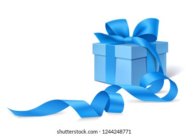 Decorative blue gift box with blue bow and long ribbon isolated on white background. New Year decoration. Vector illustration