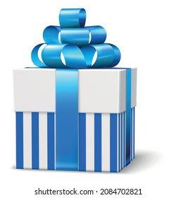 Decorative blue gift box tied with satin ribbon bands