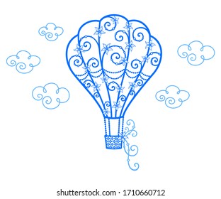 Decorative blue hot air balloon with curls, beads and flowers on a white background with clouds. Vector template for holiday greeting card, wedding invitation, banner, printing on t-shirt, clothing