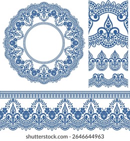 A decorative blue lace design featuring intricate patterns and circular motifs, suitable for crafts and textile applications.