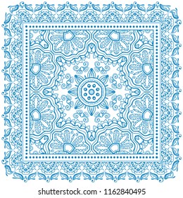 Decorative blue line ornament on white background, symmetric pattern with doodle lace frame. Tribal ethnic mandala decor. Bandana shawl, tablecloth fabric print, silk neck scarf, kerchief design