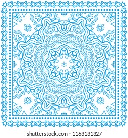 Decorative blue line ornament on white background, symmetric pattern with doodle lace frame. Tribal ethnic mandala decor. Bandana shawl, tablecloth fabric print, silk neck scarf, kerchief design