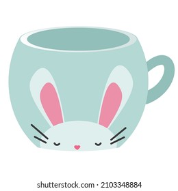 Decorative blue mug with easter bunny. Clipart. Isolated element of decor on a white background. Vector illustration.	