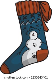Decorative blue New Year's sock with bow and snowman. Vector color graphic image for festive invitations, scrapbooking, New Year's packaging.