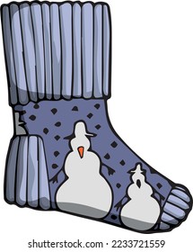 Decorative blue New Year's sock with  snowman. Vector color graphic image for festive invitations, scrapbooking, New Year's packaging.