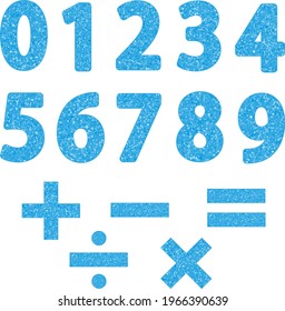 decorative blue numbers 0,1, 2, 3, 4, 5, 6, 7, 8, 9 and the plus, minus, equal, divide, and multiply signs. collection, set. isolated.