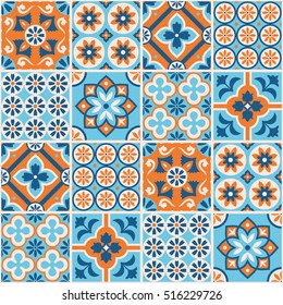 Decorative blue and orange tile pattern design. Vector illustration.