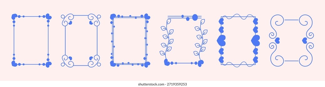 Marcos decorativos ornamentales azules con Elementos florales y de remolino. Elegantes bordes de línea delgada para invitaciones y tarjetas de felicitación