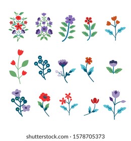 Decorative blue and red flowers set