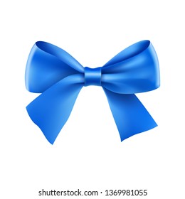 Decorative blue ribbon bow. Realistic decoration for holiday. Elegant silk accessory for clothes. Holyday design element isolated on white. Elegant object from silk vector illustration.