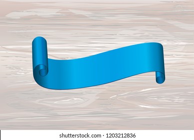 Decorative blue ribbons banner with copy space on wooden background. Vector. For a holiday or a party.