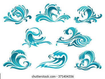 Decorative blue sea waves and surf icons with curls of powerful water stream, splashes and white foam caps. May be used in nature, marine journey or travel theme 