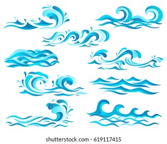 Decorative blue sea waves and surf icons with curls of powerful water stream, splashes and white foam caps. May be used in nature, marine journey or travel theme