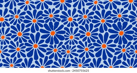 Decorative Blue Seamless Pattern with Daisy Flowers. Vector Floral Groovy Bg. Abstract Retro Background in Boho Style