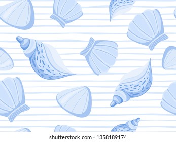 Decorative blue seashells stripe vector seamless pattern. Abstract marine wallpaper. Underwater backdrop.