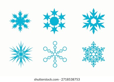 Colección azul decorativa del copo de nieve incluyendo Formas de la estrella y patrones florales para los proyectos temáticos de las vacaciones de invierno