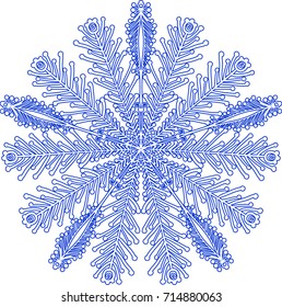 Decorative blue snowflake on white background. Winter design element. Vector illustration.