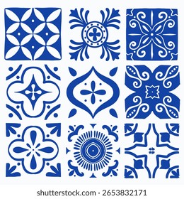 Decorative blue tiles, geometric floral arrangements, ceramic art, square patterns