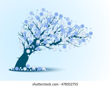 Decorative blue tree silhouette with background vector illustration