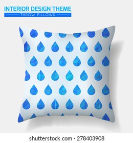 Decorative Blue Water Drop pattern throw pillow design template. Original seamless pattern is complete, masked. Modern interior design element. Creative Sofa Toss Pillow. Vector is layered, editable.