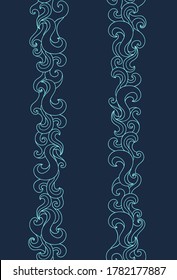 Dekorative blaue Wellen auf dunklem Hintergrund. Vertikal doodle Seegrenze oder Muster. Geeignet für Postkarte, Einladung, Banner.