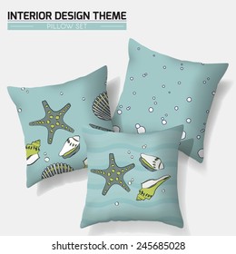 Decorative blue & white aquatic creatures & air bubbles in sea water throw pillow set design. Modern Interior design element. Creative Sofa Toss Pillow. Vector design template is layered, editable.