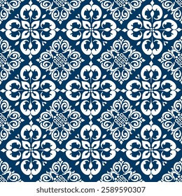 A decorative blue and white patterned tile design featuring intricate floral motifs, creating a classic and elegant aesthetic.