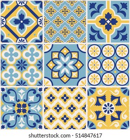 Decorative blue and yellow tile pattern design. Vector illustration.