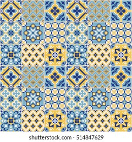 Decorative blue and yellow tile pattern design. Vector illustration.