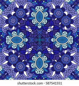 Decorative blue zentangle floral ornamental pattern. Vector illustration.