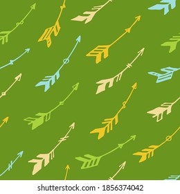 Decorative boho arrows graphic seamless ornament. Ethnic vintage design. Indigenous american motive. Doodle arrows illustration. Kids room wallpaper pattern. Archery symbols.
