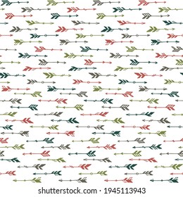 Las flechas de boho decorativas vectan un patrón sin fisuras. Diseño rústico étnico. Motivo indígena tribal. Ilustración de flechas bohemias. Cuadros de papel textil para niños. Cazando objetos.