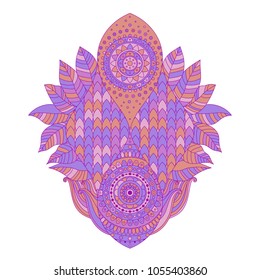 Decorative boho chic isolated element with tiled pattern, and leaves, asian arabic ornamental element, purple, violet and red colored, vector illustration.