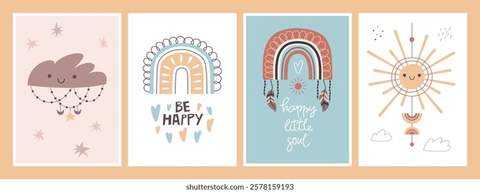 Decorative boho elements. Cute rainbow, sun, cloud, scandi gentle style posters, kids funny objects, inspiring text, vector posters cards