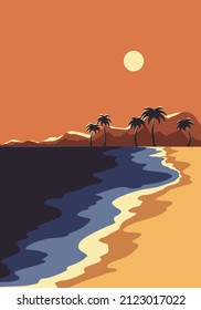 Cartel de boho decorativo del mar azul en la playa de terracota. Arte mural natural contemporáneo con palmeras en la isla naranja frente al mar bajo la puesta de sol. Escenario vectorial abstracto moderno de estilo sencillo y plano.