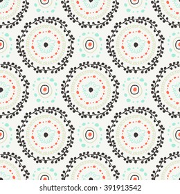 Decorative boho seamless pattern. Endless print with grey, blue and orange round ornaments on beige background. Colorful repeating tribal artistic backdrop. For cloth design, wallpaper or wrapping
