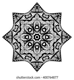 Decorative Boho Stamp. Black and white ornate icon. Contrast element ethnic pattern. Tribal ornament for tattoo or brand. Zen art isolated design label. Vector illustration.