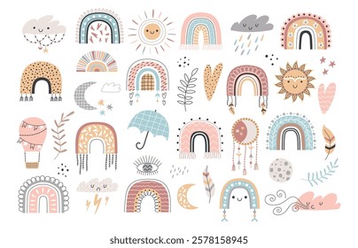 Decorative boho weather elements. Scandinavian gentle style kids rainbows, clouds, moon and sun, cute baby objects, vector collection